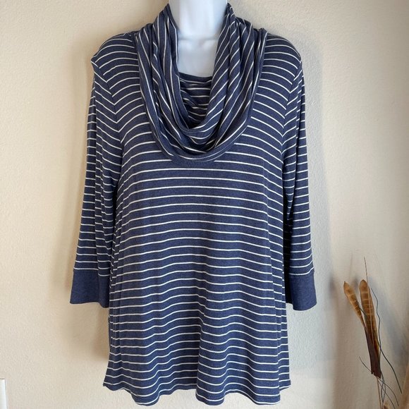 Westbound Sweaters - Nautical navy blue striped lightweight sweater cowl neck L